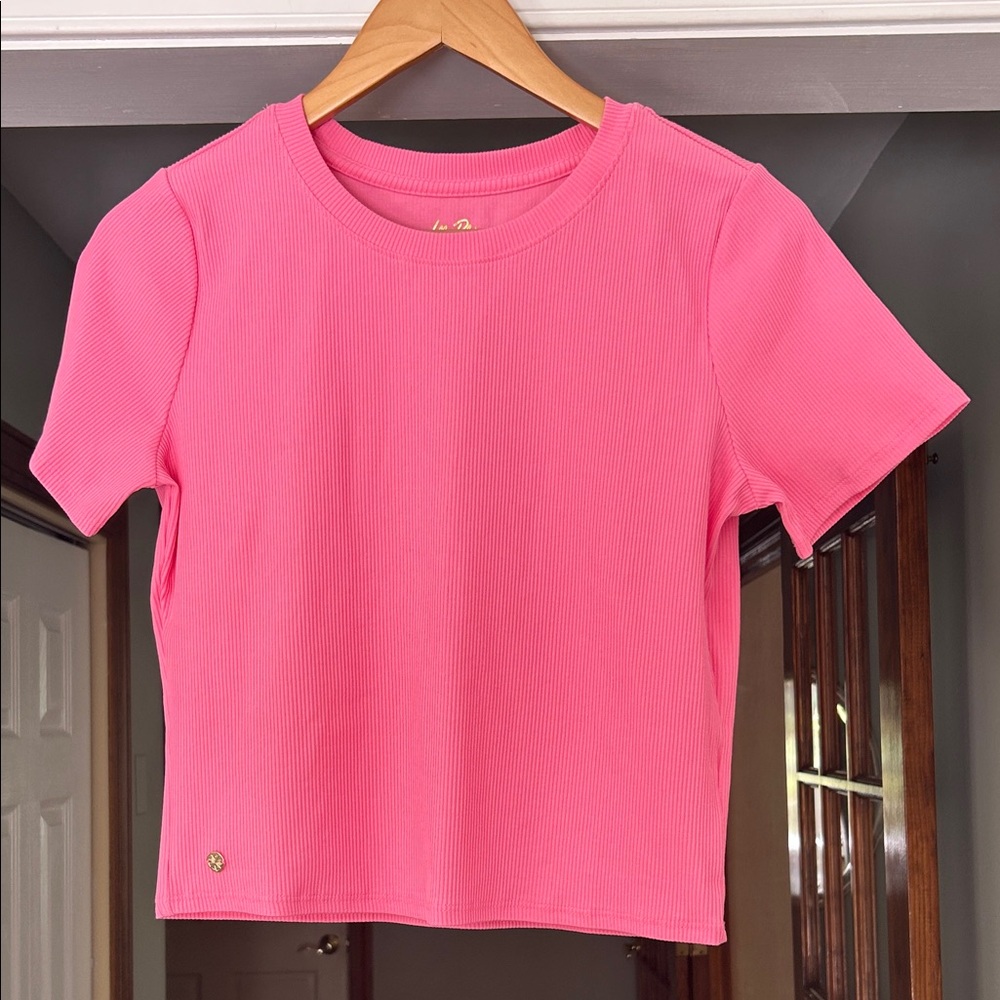 NWT Lilly Pulitzer Ribbed Stretchy Short Sleeve Crew Neck Confetti Pink Top Sz M